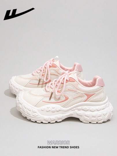  1双 WARRIOR 女士厚底系带软底休闲鞋，低帮户外平底鞋，圆头低跟防滑纯色优雅软底徒步鞋，适合学生、毕业照、平底鞋、低帮皮质运动滑板鞋