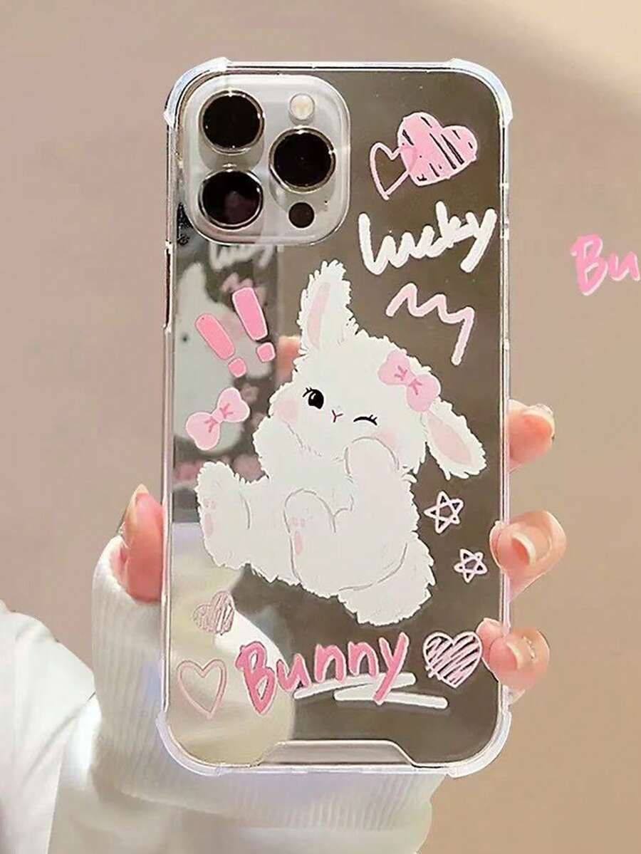1pc Cute Cartoon Silver Mirror Shockproof Plush Rabbit TPU Protective Phone Case Cover Compatible With IPhone 11/12/13/14/15/16/17/Pro Max - Silver - View 1