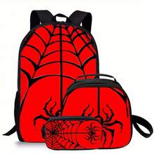 3pcs Spider-Themed Backpack Set - Lightweight, Adjustable Strap, Zipper Closure, Hand Washable - Stylish Black Backpack With Bold Red Spider Web Design, Matching Lunch Bag, And Pencil - Students And Casual Use, Student Backpacks| Stylish Backpack| Adjustable Strap Backpack, Spider Deco - [紅色的] - 查看 7