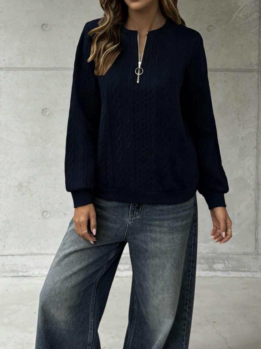 New Women's Half-Zip Sweatshirt, Featuring Retro Cable Knit, Half Zip, Puff Sleeves, Knit Sweatshirt Design, Structured Fit, Flattering Silhouette, Understated Luxury, Lightweight Comfort, And Versatile Solid Color. - Màu xanh hải quân - Xem 1