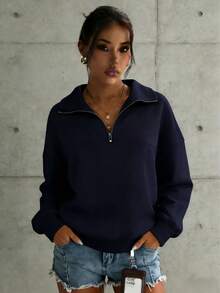 Women's Solid Color Drop Shoulder Long Sleeve Zip-Up Half Placket Casual Hoodie, Autumn/Winter - Màu xanh lam - Xem 4