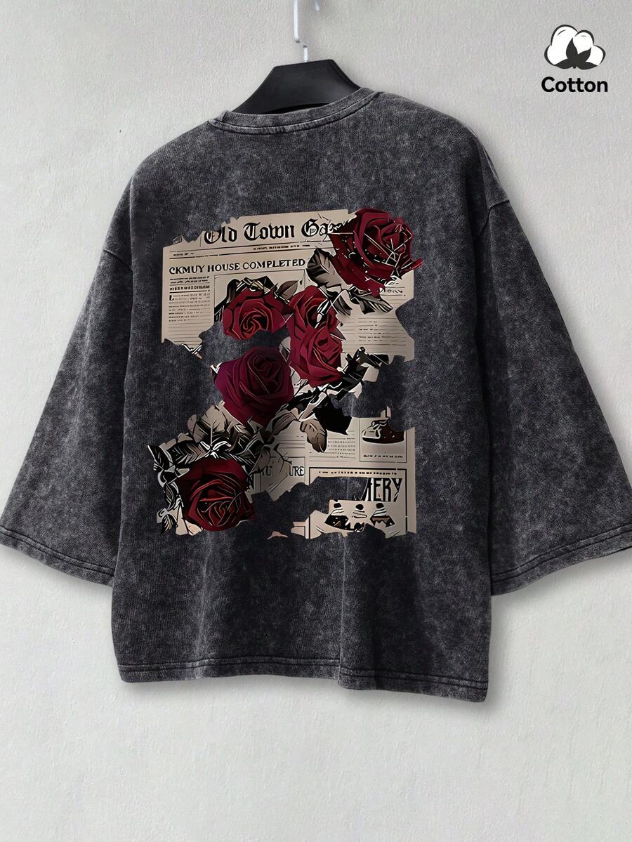 Hemo 男士夏季街头时尚玫瑰报纸印花方领T恤，微弹水洗黑色休闲日常短款上衣 - 黑色 - 查看 1