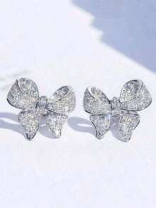 1 Pair Of Copper Inlaid Cubic Zirconia Bowknot Earrings - 銀 - 查看 8