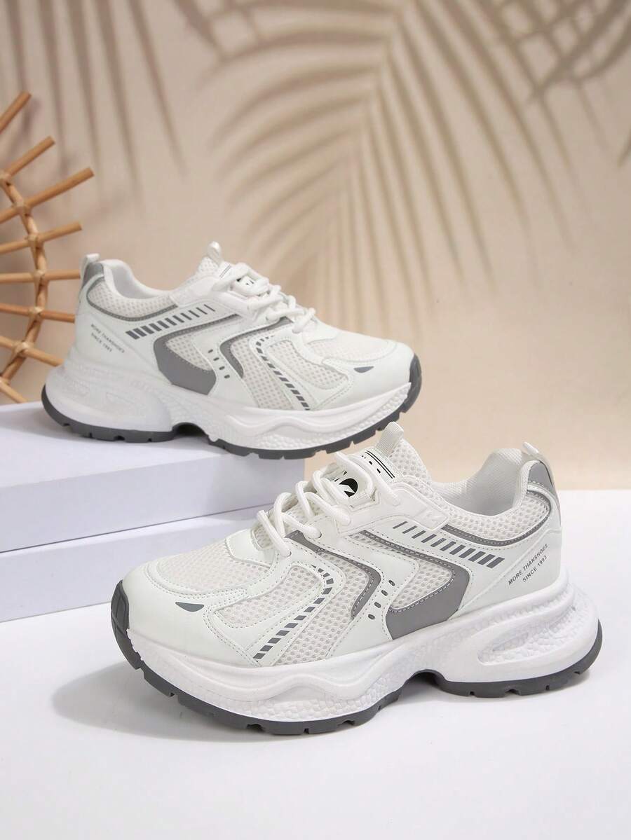 Women's Spring/Autumn New Sports Chunky Sneakers, Mesh Breathable Thick Sole Low Vamp Wedge Heel Casual Shoes, Lightweight Versatile Fashion Casual Lace-Up White Gray Sneakers, White Blue - White - View 1