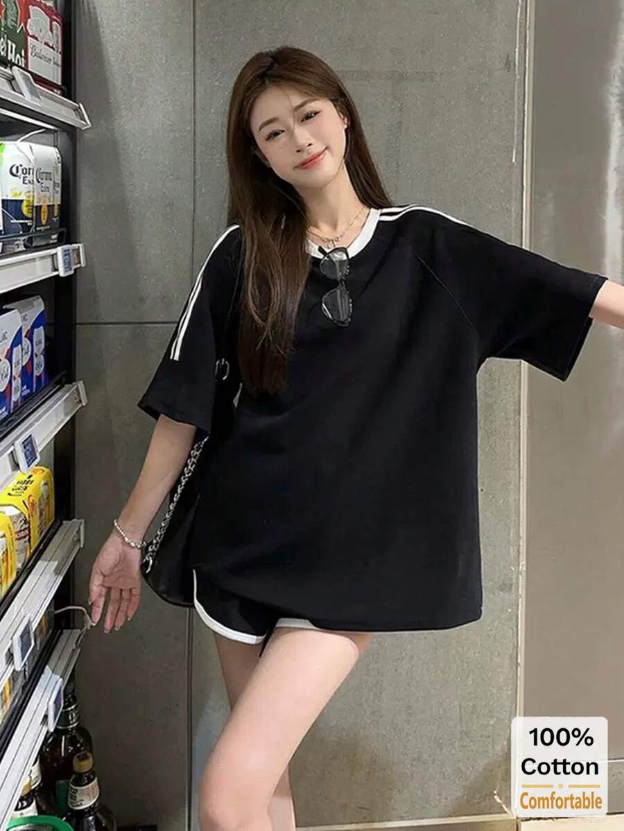 2026春夏新款短袖中长款T恤女装，时尚撞色条纹上衣 - 黑色 - 查看 1