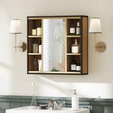 Bathroom Mirror Cabinet, 6 Open Compartments, 3-Tier Shelf, Wall-Mounted, Oak