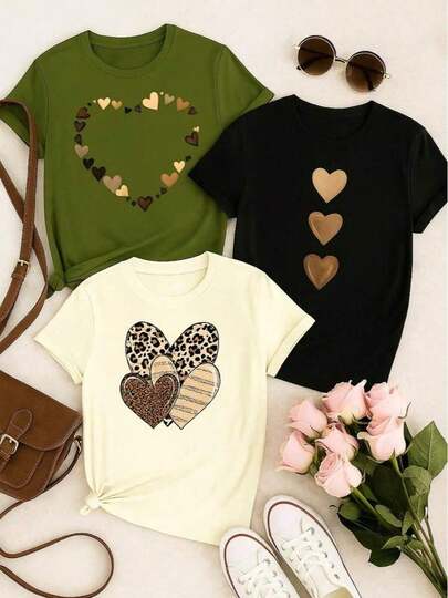 Kit 3 Blusas Femininas 100% Algodão Estampadas – Girassol, Margarida e Corações Moda Casual P M G GG