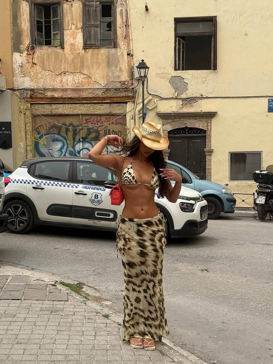 三件套花卉几何印花休闲可爱优雅性感波西米亚风抽绳比基尼泳衣，适合海滩、晚宴约会、度假、日常穿着，春夏皆宜。 - 彩色 - 查看 1