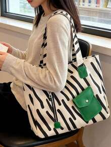 1个字母贴布纯色大容量灯芯绒手提袋，多口袋购物袋，母亲节礼物，可折叠书包/工作包/旅行包，适合女大学生/高中生/初中生、白领上班族、户外旅行 - 白色 - 查看 12