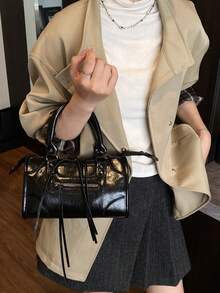 SHIMEINI 1pc Black Patchwork Rivet Studded Metal Zipper Tassel Decor Vintage PU Dual Handle Adjustable Long Shoulder Strap Zipper Closure Fashion Retro Sweet Punk Style Motorcycle Bag, Y2K Punk Square Handbag For Women, Casual Luxury Style Crossbody Bag Suitable For Daily Commute, Work, Shopping - Black - View 4