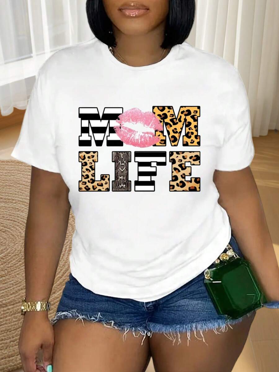 Ladies' Round Neck Printed T-Shirt, Mom Life Leopard Print Lipstick Design Festival Party Outfits - White - View 1