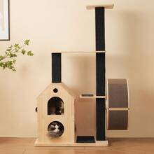 Solid Wood Cat Tree With Wheels – 80 * 40 * 152 Cm With 4 Platforms, 2 Cat Litter Boxes, Silicone Posts And Washable Scratching Mat, Cat Scratching Tree With Wheels, Cat Rack - Khaki - View 1