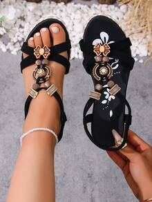 女士夏季新款波西米亚风串珠坡跟厚底凉鞋 - 黑色 - 查看 6