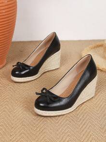 女士厚底坡跟一脚蹬鞋 - 时尚优雅，休闲舒适，中东系列，复古风，日常通勤，百搭休闲，简约风格，高跟，一脚蹬，仿珍珠皮革，低帮高跟，编织，厚底坡跟鞋。尺码 35-43，春秋季 - 黑色 - 查看 6