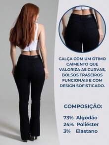 Calça Preta Feminina Sawary Jeans Original Flare Boot Cut Boca de Sino Cintura Alta Confortável Lycra Elastano - Preto - Visão 5