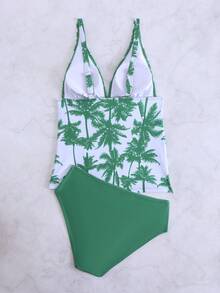 夏季Tankini两件套泳衣，欧美新款设计，收腹套装，吊带碎花性感沙滩度假休闲高腰三角泳衣 - 彩色 - 查看 3