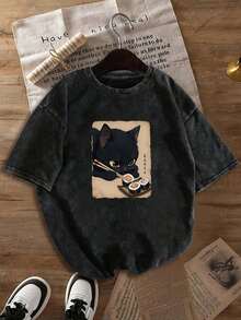 复古黑猫吃寿司印花短袖T恤，小众设计上衣，复古圆领T恤，春夏必备，冬季保暖，女士上衣，秋冬款，舒适贴身，秋冬服装，日常穿着 - 黑色 - 查看 7