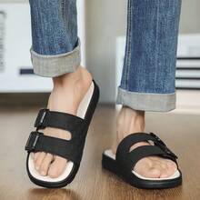 Men's Casual Slippers, Buckle Design Beach Sandals, Versatile Non-Slip Fashion Slides, Suitable For All Seasons - Black and White - View 6
