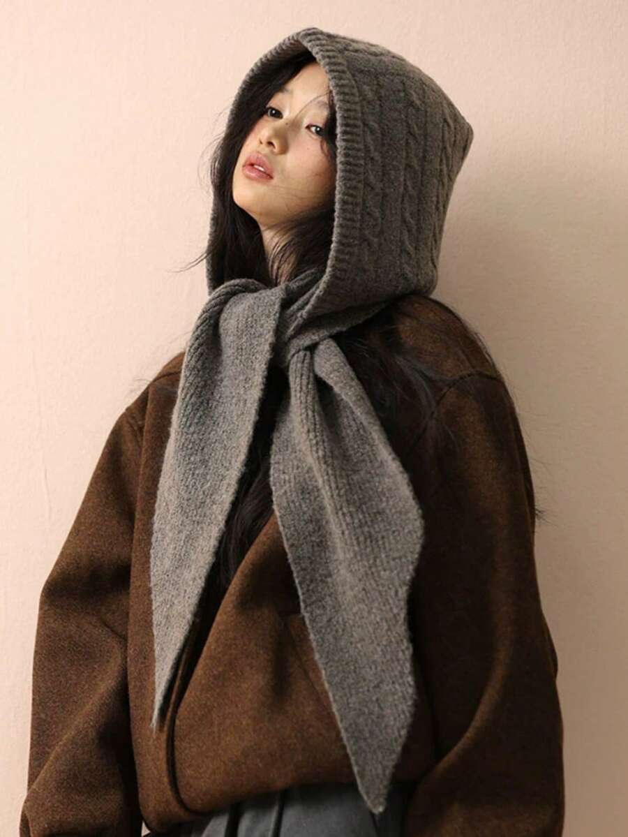 1件装女士休闲纯色麻花针织纹理保暖防风蓬松加厚连帽围巾围脖，适合约会、日常穿着、购物、旅行、搭配