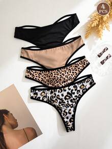 4pcs/Pack Women's Leopard Print Cross-Back Thong Panties - Multicolor - View 3
