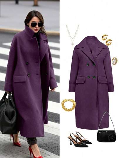 Günlük Kullanım İçin Uygun, Sonbahar/Kışlık, Yün Karışımlı, Devrik Yakalı, Uzun Kollu, Sıcak Tutan, Şık Uzun Yün Karışımlı Kadın Palto