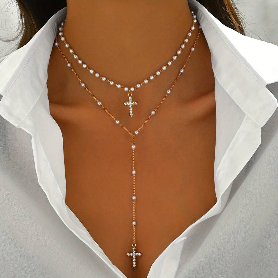 2-Piece Set Of Elegant Y-Shaped Cross Pendant Necklaces For Women, With Handmade Imitation Chain, KC Religious Style, Suitable For Party Wedding Gifts, Daily Wear, And Special Occasions-Creative Gift For Her On Christmas - N-457JS - Xem 1