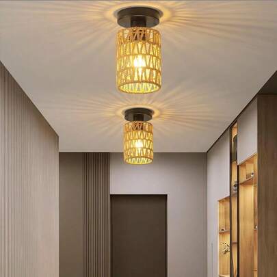 American Style Handwoven Faux Linen Rope & Rattan Ceiling Light, Suitable For Homestay, Restaurant, Hotel, Bar, Corridor