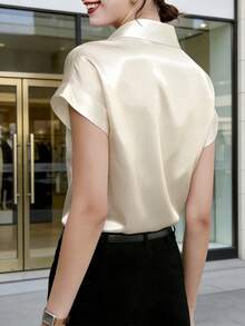 Women's Fashionable Summer Short Sleeve Polyester Shirt Collar Blouse - Apricot - View 5