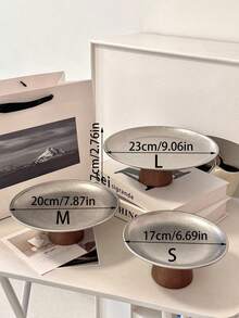 1pc Wooden Pedestal Stainless Steel Plate, Suitable For Dining Table, Restaurant, Kitchen, Party, Birthday - Vintage Silver Plate Wooden High Legs - View 12