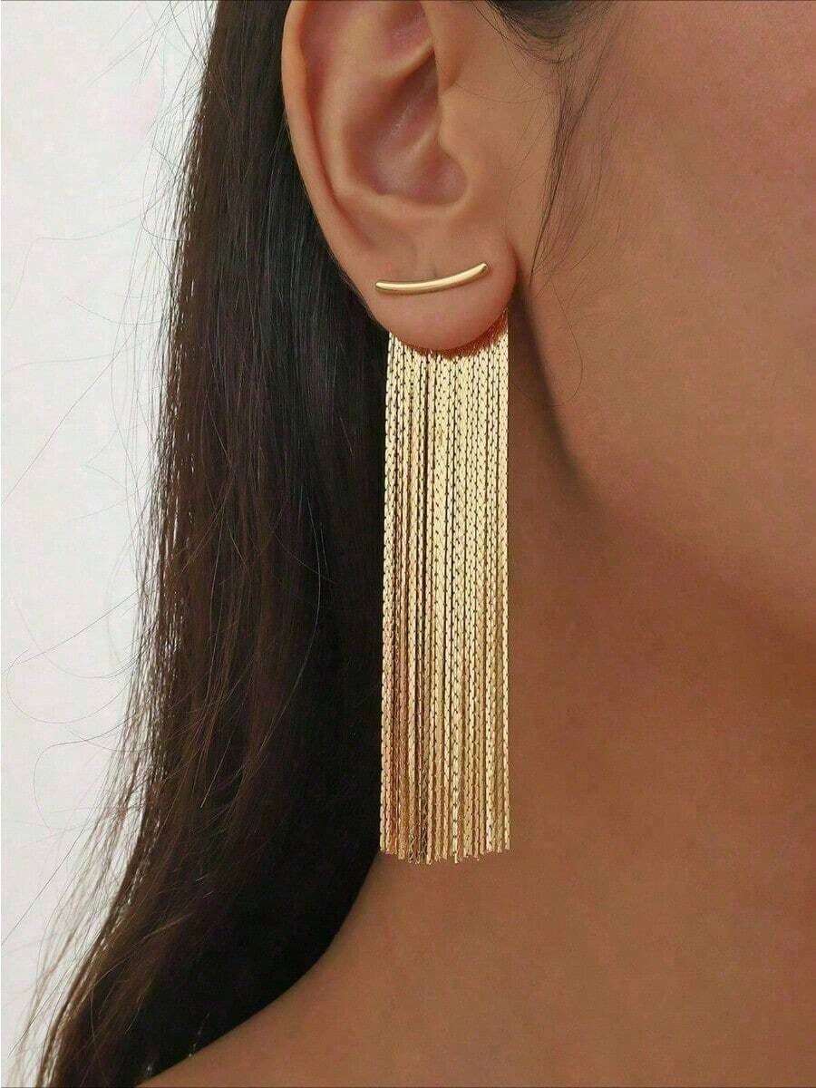 1 Pair Metal Chain Tassel Pendant Earrings, Elegant Minimalist Style Jewelry Fashion Earring For Women - Lightweight Nickel-Free Design, Dainty Dangle Earrings With Shiny Metal Chain & Tassel Accents, Western Fashion Accessory Perfect For Daily Wear, Party, Date & Holiday Gift, Versatile Gold/Silver Tone Statement Earrings That Complements Casual & Dressy Outfits, Must-Have Bestseller Style For Modern Females In Europe & America - Vàng - Xem 1