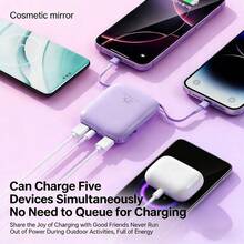 可爱内置充电线二合一迷你化妆镜移动电源 10000mAh 15W 快充便携式充电器，内置 2 条充电线，方便旅行携带，附赠情人节礼物套装 - 紫色 - 查看 6
