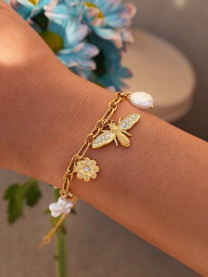 Frminee 1件复古蜜蜂金色不锈钢手链，女士款，镶嵌立方氧化锆，黑色珐琅，可爱手链，女士珠宝礼物