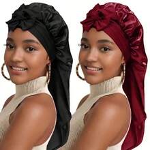 1pc Women's Pink Elastic Drawstring Long Satin Silk Hair Bonnet, Curly Hair Wrap, Suitable For Long Hair, Braids, Dreadlocks, Curly Hair, Satin Silk Hair Bonnet, Satin Bow Hair Bonnet