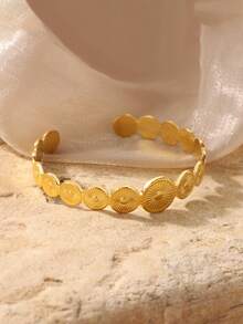 1Pc Vintage Sun Ray Round Splicing Bangle For Women Gold Color Stainless Steel Geometric Bangle Wedding Party Jewelry Gift - Yellow Gold - View 3