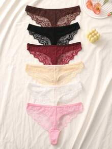 6 Pcs Lace Patchwork Ribbed Fabric Cotton Thong Panties Lingerie Woman - Multicolor - View 3