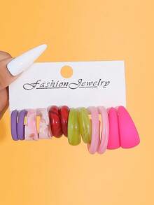 Set de 6 piezas/12 piezas/18 piezas de aretes de forma de C de resina acrílica y acetato, joyería de moda - Multicolor - Ver 5