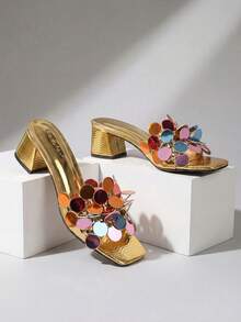 Women's Shiny Gold Sequin Cluster Floral Decor Block Heel 5cm Block Heel Sandals, Summer European And American Style Party Evening Gold Glitter Rhinestone Square Thick Heel Slides - Gold - View 2