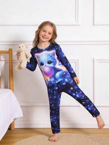 年轻女孩夜光舒适睡衣套装套头衫和裤子（在紫外线/黑光下发光） - 寶藍色 - 查看 6