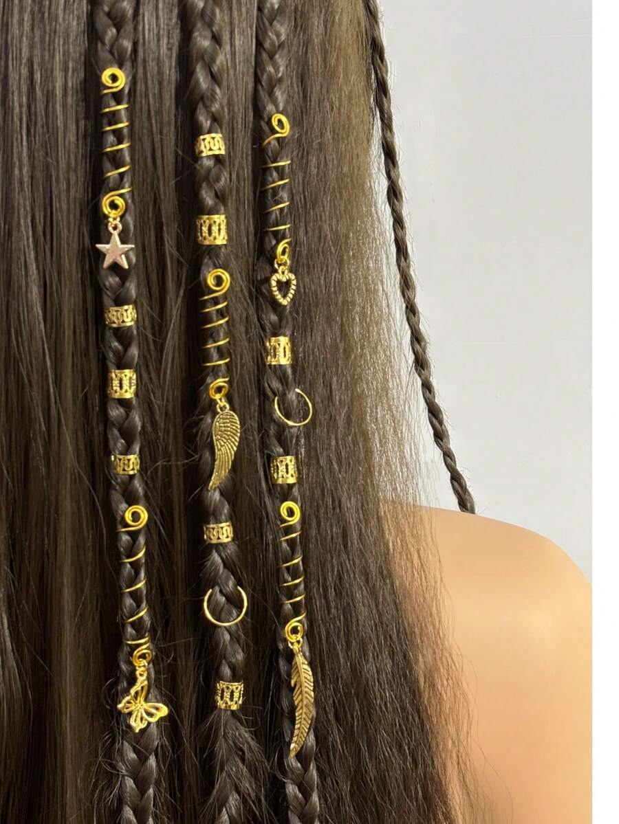 45pcs Heart, Star & Wing Dreadlock Hair Rings, Suitable For Women, Festivals, Parties, Holiday Gifts, Fashionable & Versatile - Gold - View 1
