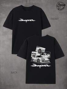 Vintage Black Pure Cotton T-Shirt With Supra Car Graphic, Casual Crew Neck For Men, Spring/Summer, Retro Racing Style, Streetwear - 黑色 - 查看 3