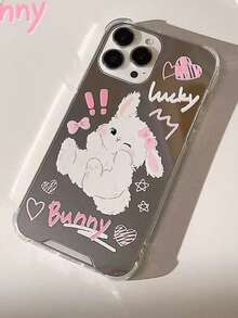 1pc Cute Cartoon Silver Mirror Shockproof Plush Rabbit TPU Protective Phone Case Cover Compatible With IPhone 11/12/13/14/15/16/17/Pro Max - Silver - View 2