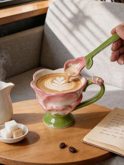 1pc Pink Petal Ceramic Coffee Cup, Creative Ceramic Flower Petal Cup, Flower Cup, Afternoon Tea Cup, Beverage Brewing, Suitable For Girly Home Decor And Valentine's Day Gifts