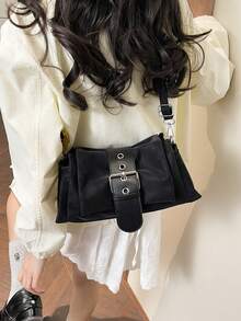New Vintage Fashion Square Bag, Metal Hardware & Belt Decor, Flap Opening Shoulder Bag. Adjustable Long Shoulder Strap, Small Capacity Lightweight Minimalist, Solid Color Soft Crossbody Bag. Suitable For Women's Daily Life, Casual, Commuting, Work, Vacation And Student Use - Black - View 3