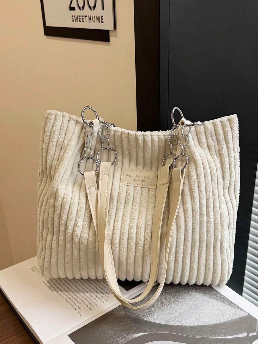 Túi xách kẻ sọc thời trang - Túi đeo vai cỡ lớn dành cho nữ - Túi tote có khóa kéo dùng hàng ngày - Túi tote quai xích kim loại - trắng - Xem 1