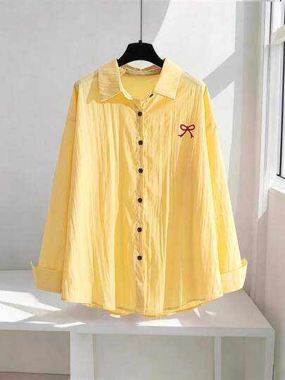 Women's Turndown Collar Single-Breasted Bow Embroidery Pattern Casual Versatile Commuting Long Sleeve Shirt Spring