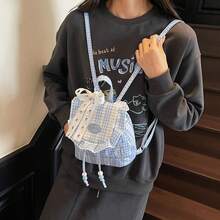 Ba lô mini kẻ caro xanh dương với nơ ren trang trí, kiểu dáng sinh viên, túi đeo vai nhẹ nhàng, thoải mái dành cho nữ, thích hợp sử dụng hàng ngày và du lịch, trang trí phòng, đựng mỹ phẩm. - Nhiều màu - Xem 5