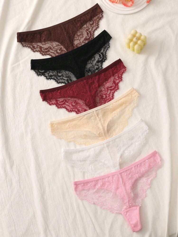 6 Pcs Lace Patchwork Ribbed Fabric Cotton Thong Panties Lingerie Woman - Multicolor - View 3