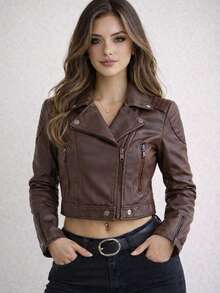 Purf Women's PU Leather Jacket With Zipper, Lined, Cropped, Winter - 鏽棕色 - 查看 3