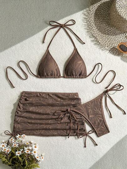 女士纯色性感系带露背比基尼套装，含配套半身裙，适合夏季海滩度假