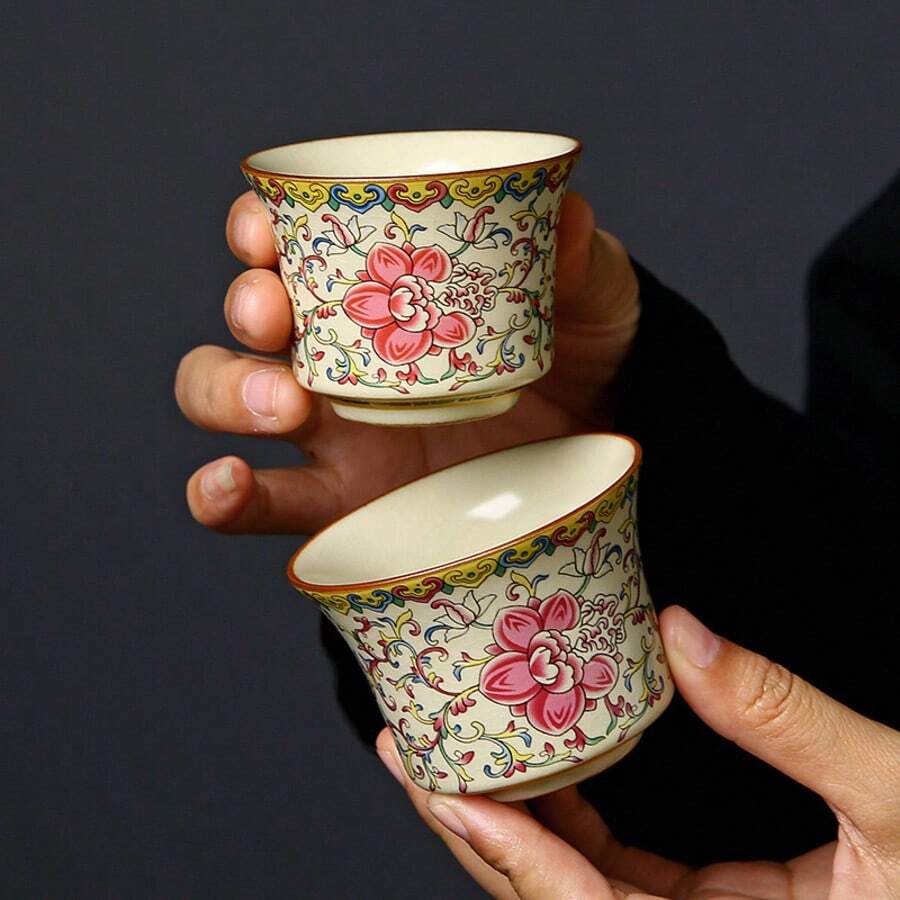 汝窑莲花缠绕茶杯，单杯，客用陶瓷主杯，茶杯，水杯 - 彩色 - 查看 1